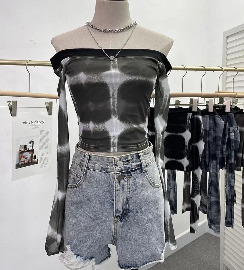 Pydshop Women's Sexy Boat Neck Double Layer Mesh Long Sleeve T-Shirt TieDye Print Short Navel Baring Hottie Top 2300 PartyClub Outfits
