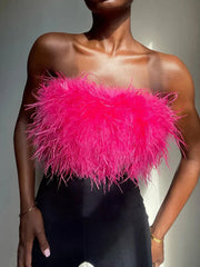 Pydshop Fur Feather Strapless Bustier Fluffy Corset Tube Top