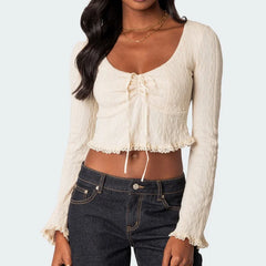 Pydshop Chic Jacquard Vintage Crop Top Autumn Long Sleeve Tee Shirts Female V Neck Tie UP Bow T shirts Y2K Lace Hem Shirts Clothing