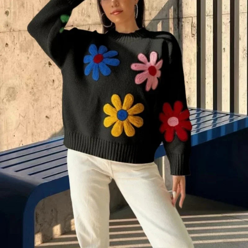 Pydshop Crochet Flower Pullover Knitted Sweater Women's Fashion Loose Lantern Long Sleeve Embroidery Knit Top Streetwear Fashion