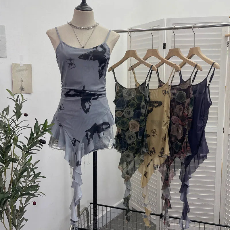 Pydshop Sexy Hot Girl Mesh Printed Camisole Slim Fit Irregular Ribbon Ruffled Sleeveless Top Ruffled Vest Party Essential Club Streewear