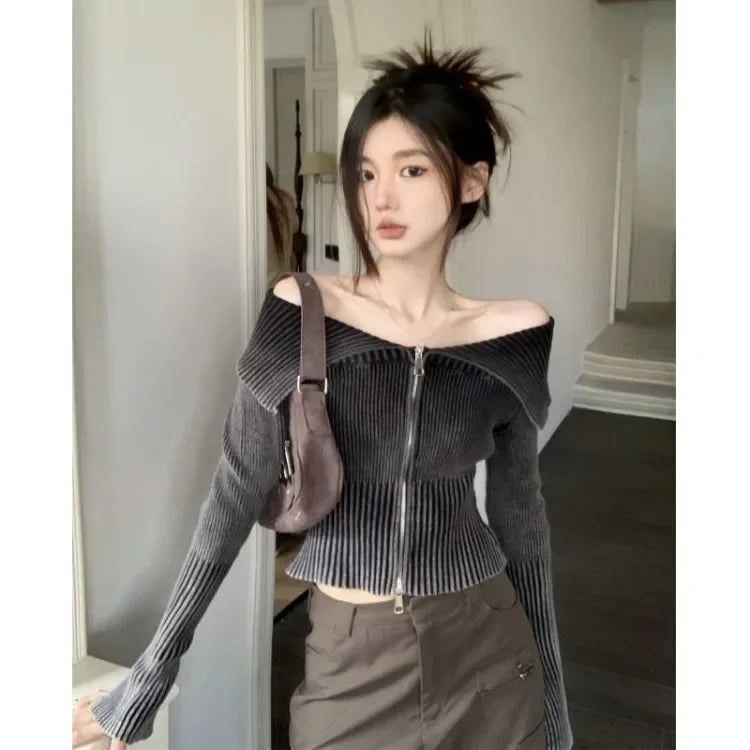 Pydshop Gradient Sexy Off Shoulder Sweaters Women Autumn Slim Fit Double Zipper Knitted Cardigan Y2k E-Girl Long Sleeve Tops Mujer