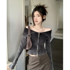 Pydshop Gradient Sexy Off Shoulder Sweaters Women Autumn Slim Fit Double Zipper Knitted Cardigan Y2k E-Girl Long Sleeve Tops Mujer