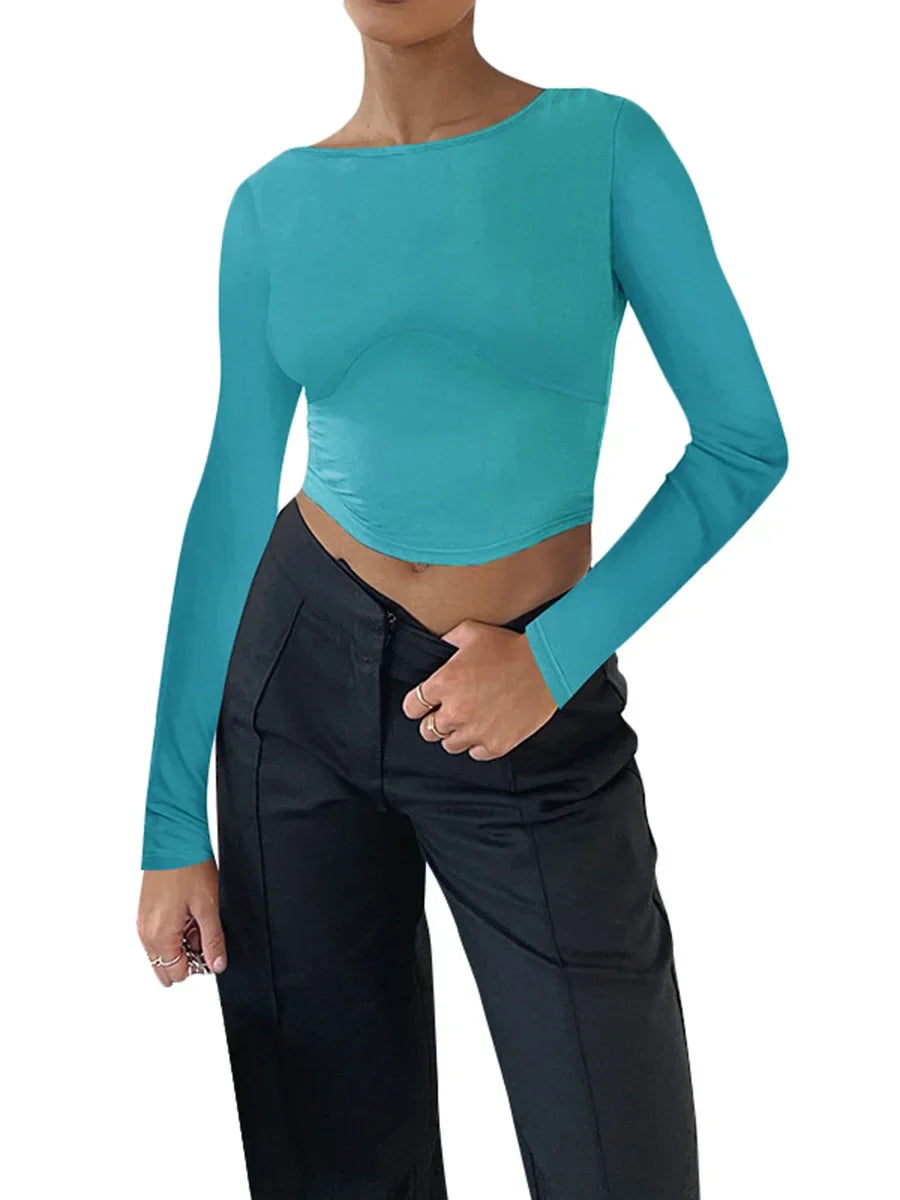 Pydshop 2024 Autumn Women Slim Fitted Long Sleeve T Shirt Casual Slim Crop Top Female Backless Tee Beach Sweat Top Streetwear