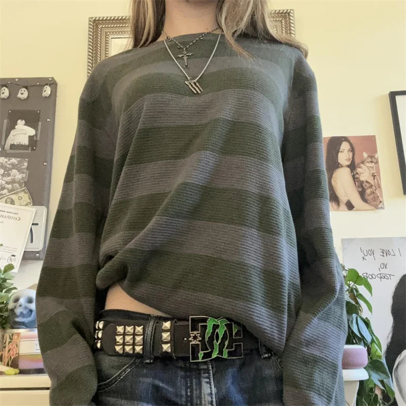 Pydshop Women's Y2k Grunge Striped T-Shirt Contrast Color Long Sleeve Round Neck Waffle Casual Pullover Tops Emo Girl Clothes Streetwear