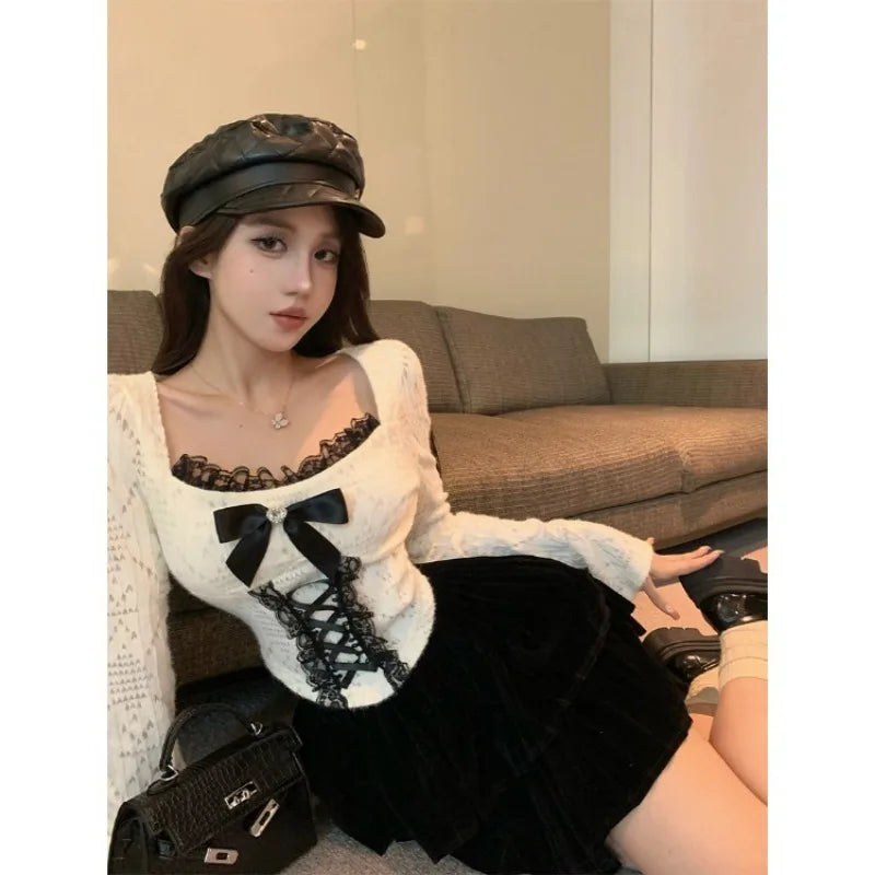 Pydshop Elegant Square Collar Bow Lace Tops Mujer 2024 Early Qutumn New T-shirt for Women Y2k E-Girl Slim Fit Long Sleeve Pullover