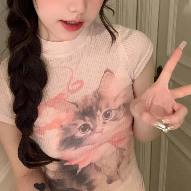 Pydshop Fashion Sweet Cute Cat Print O-neck Pink T-shirts Y2k Grunge Slim Fit Tops Women 2024 Summer New Short Sleeve Tee Shirt