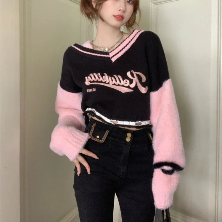 Pydshop Korean Sweet V-neck Off Shoulder Pullovers 2024 Autumn New Embroidery Lazy Tops Women Y2k E-Girl Long Sleeve Sweaters Mujer