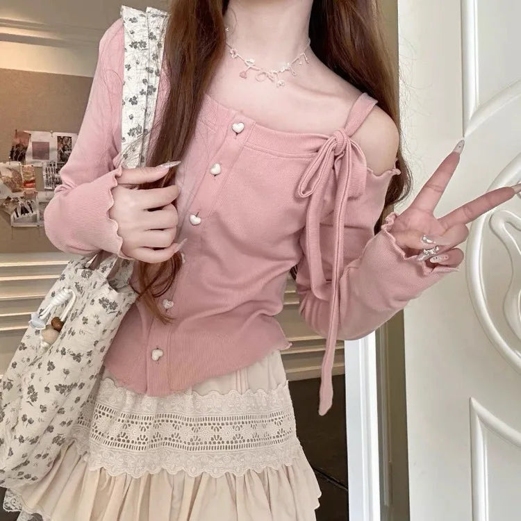 Pydshop Fashion Sweet Off Shoulder Bow Lace Up Sweaters 2024 New Slim Fit Pink Tops Women Y2k Grunge Long Sleeve Cardigan Mujer