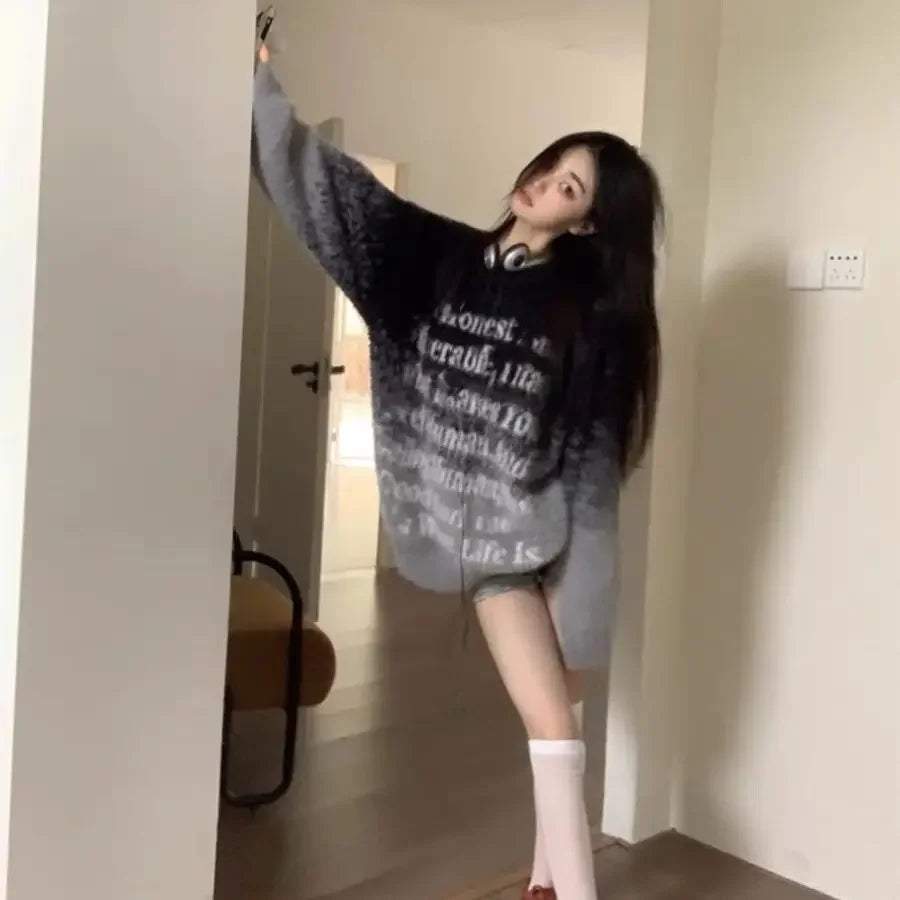 Pydshop  -  Gradient Sueter Mujer Women Autumn Letter Long Sleeve Top Oversized Sweater Women Jumper Casual Outfit Korean Y2k Clothes