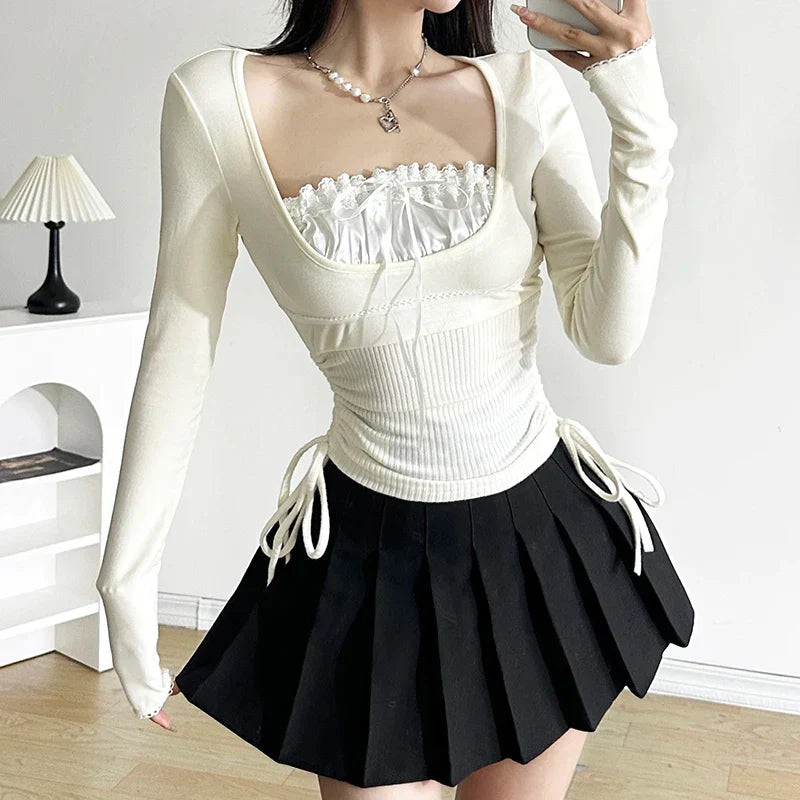 Pydshop 2024 Fashion Woman tops y2k style Sweet Bow Patched Long Sleeve Top