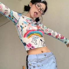 Pydshop Harajuku Kawaii Vintage Graffiti Print T-shirts Y2k Long Sleeve Bottoming Tops Women 204 Summer New O-neck Slim Fit Tee Shirt