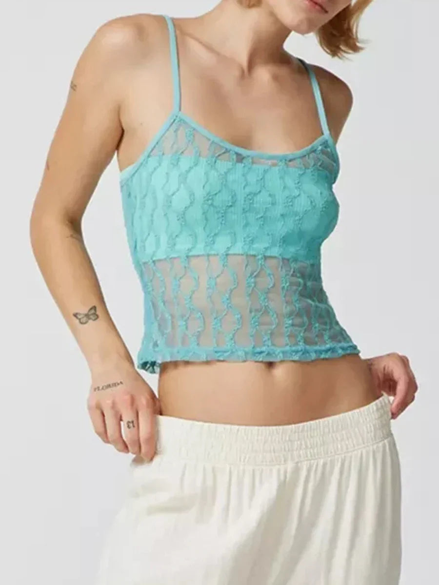 Pydshop Women Y2k Spaghetti Strap Camisole Tank Top Lace Trim Backless See Through Slim Fit Going Out Crop Top Streetwear