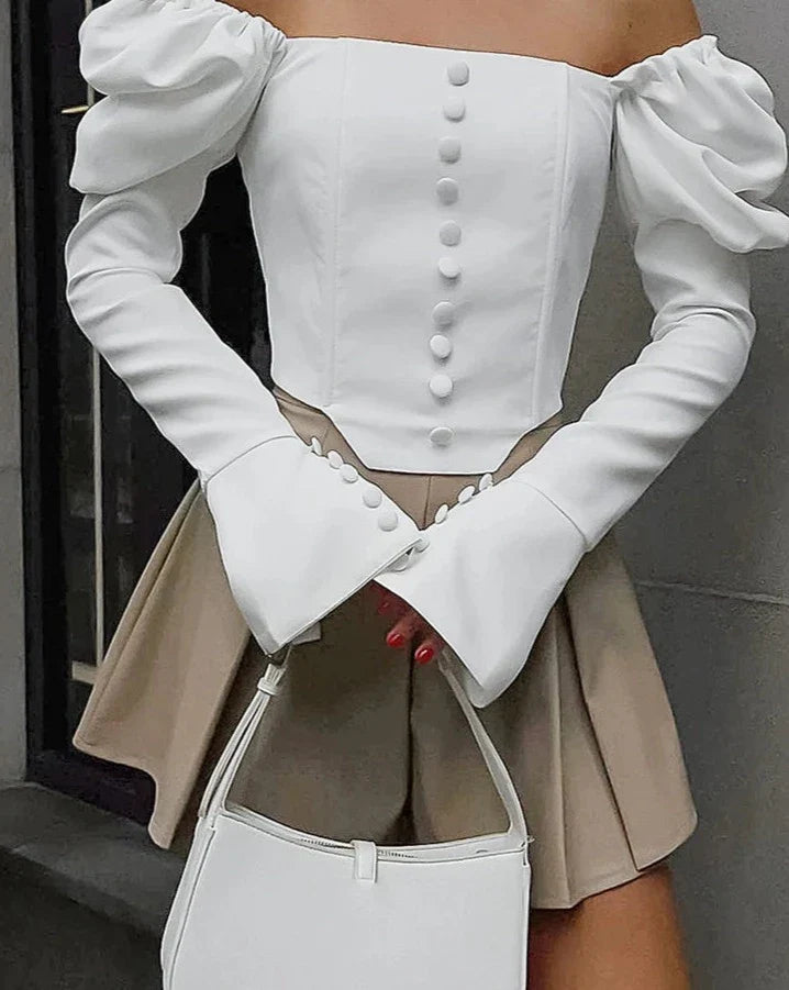 Pydshop Flare Puff Sleeve Open Shoulder White Top