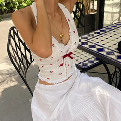 Pydshop Floral Knit Halter White Crop Top