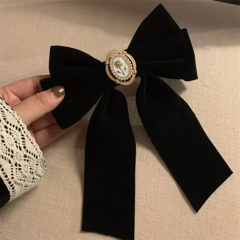 Pydshop Black Velvet Rose Bow Hair Clip Retro French Top Clip Small Fragrance Grab Hair Accessory