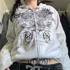 Pydshop hirigin Gothic Sweatshirt Women y2k Clothes Graphic Print Zip Up Long Sleeve Tops with Pockets Fairy Grunge Hoodie Streetwear
