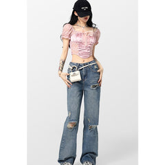 Graduation Gift Summer Women's Wear Blouse Korean Lace Pink Women Shirt 2023 New Short Sleeve Lace Satin Panel Shirts Sexy Female Cropped Tops