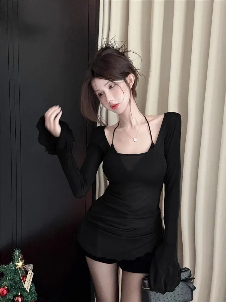 Pydshop Fashion Sexy O-neck Slim Fit Tops Women 2024 Autumn Winter New Bottoming T-shirts Y2k Grunge Long Sleeve Black Tee Shirt