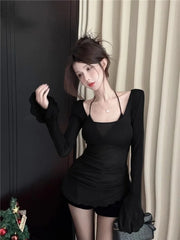 Pydshop Fashion Sexy O-neck Slim Fit Tops Women 2024 Autumn Winter New Bottoming T-shirts Y2k Grunge Long Sleeve Black Tee Shirt