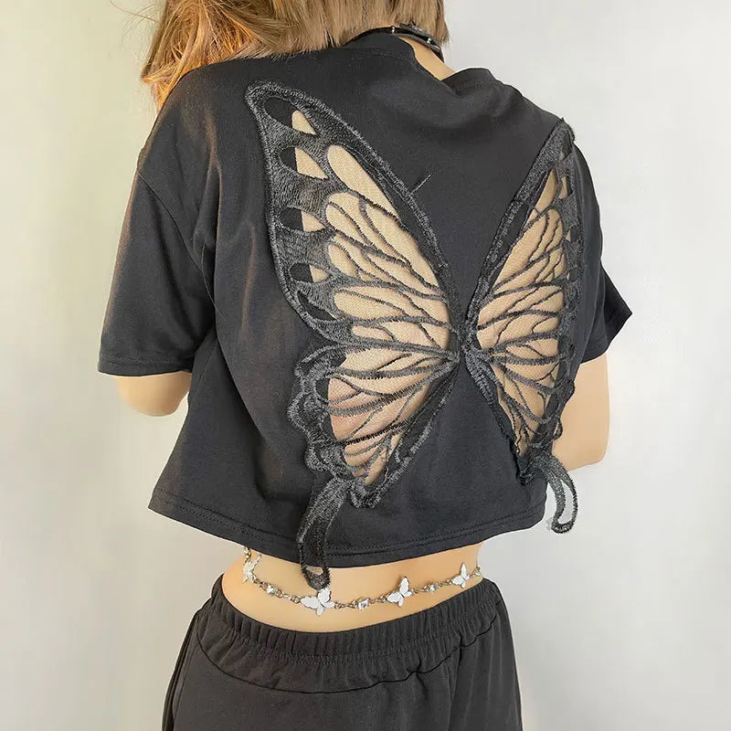Pydshop Harajuku Lace Butterfly Crop Tshirts Women Vintage Streetwear Sexy Black Mesh Tops Aesthetic Hollow Grunge Tees Summer