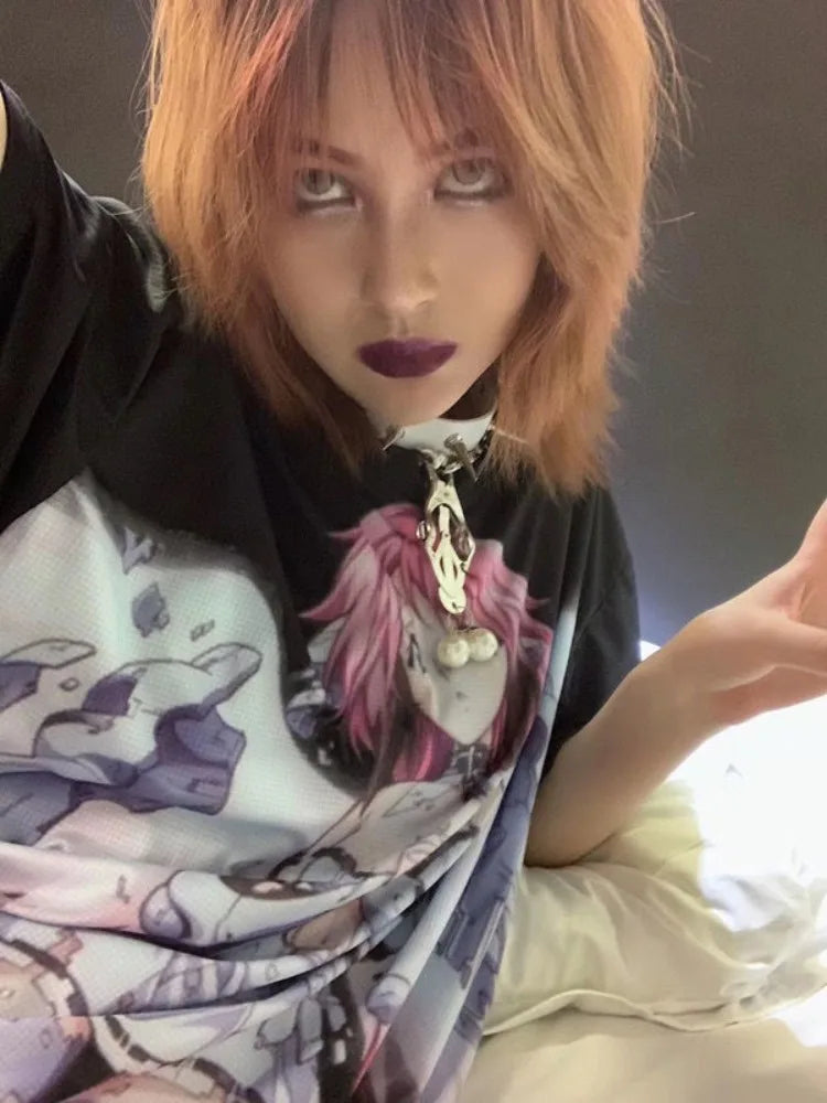 Pydshop Harajuku Anime Cartoon Print O-neck T-shirts 2024 Sumemr New Loose Unisex Tee Shirt Y2k Grunge Short Sleeve Tops Women