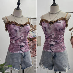 Pydshop Women Spaghetti Strap Lace Bow Slim Top Tie Dye Butterfly Print Tank Top Mesh Hot Girl Padded Tee Sexy Summer Vacation Y2K Vest