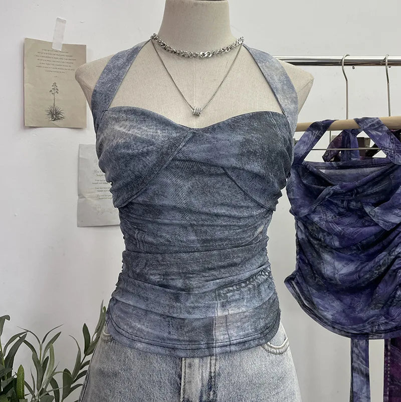 Pydshop Tie Dye Denim Print Pleated Mesh Camisole Women's Halter Tie Bow Halter Crop Top Cute Party Sweats Holiday Mini Vest Summer Tee