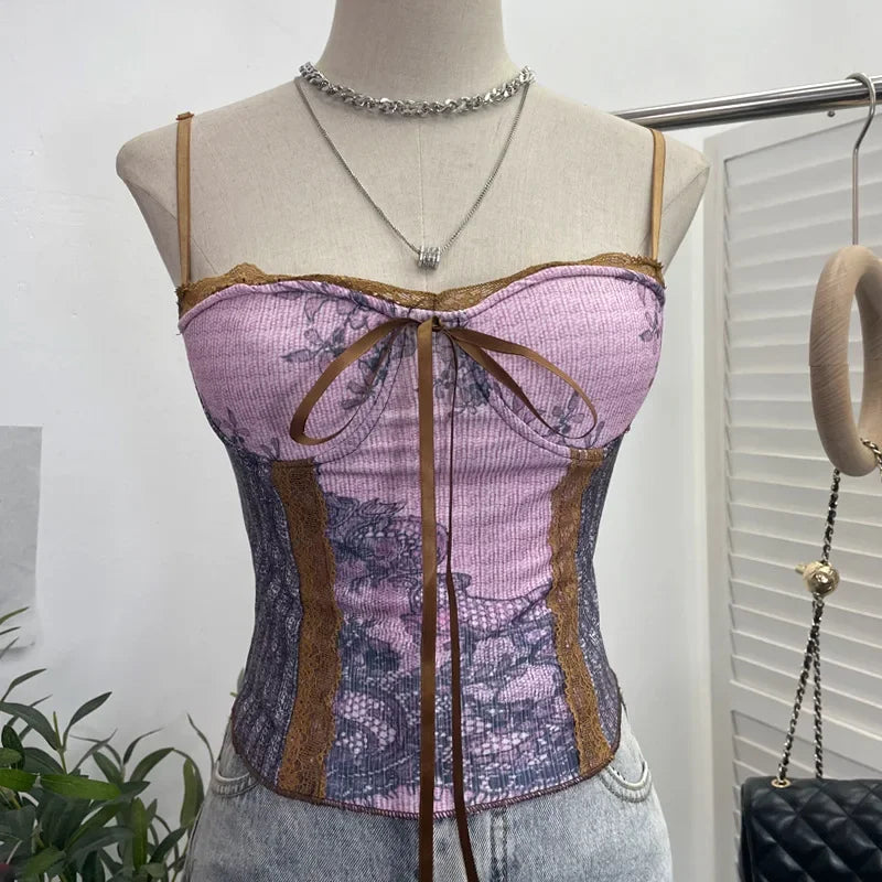 Pydshop Women Retro Ink Painting Adjustable Spaghetti Straps Camisole Bandeau Top With Padded Breasts Slim Fit Tube Top Party Streetwear