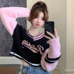 Pydshop Korean Sweet V-neck Off Shoulder Pullovers 2024 Autumn New Embroidery Lazy Tops Women Y2k E-Girl Long Sleeve Sweaters Mujer