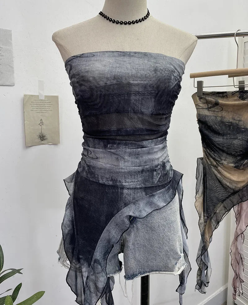 Pydshop Women's Tie Dye Ruffled Ribbon Mesh Tube Top Irregular Mesh Sleeveless Tube Top Sexy Backless Vest Party Leisure Essential Y2K