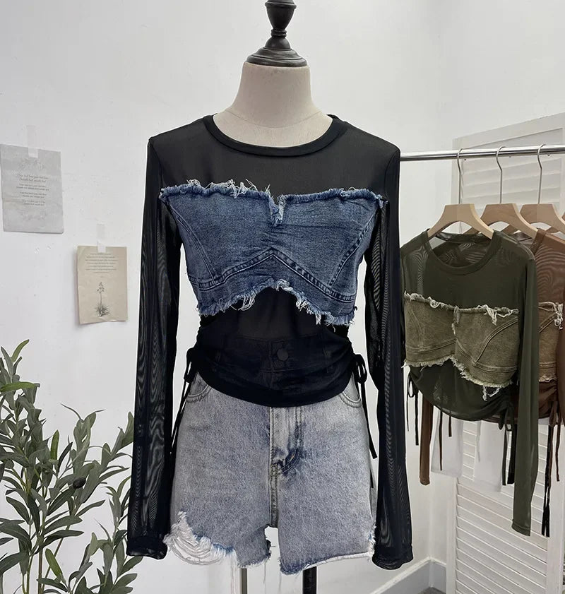 Pydshop Hot Girl American Retro Denim Mesh Patchwork Top Sexy See Through Drawstring Long Sleeve Short T-shirt Party Casual Streetwear