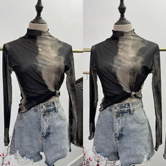 Pydshop Women Wavy Edge Half-High Collar Mesh Blended Long Sleeve Top Thin Inner Bottoming Layering Shirt Y2k Essential Streetwear8921