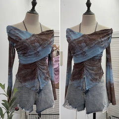 Pydshop Wome Sexy See Through One Shoulder Lace Up Halterneck Long Sleeve Top Slim Fit Cross Pleat Slit Short Top Y2k Club Streetwear