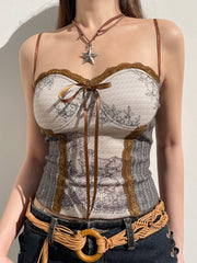 Pydshop Brown Lace Patchwork Slim Sleeveless Top