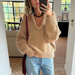 Pydshop Fashion Casual Round Knit Sweater For Women Solid Color Loose Autumn 2024 New Pullovers Long Sleeve Female Knitted Top