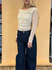 Pydshop Women Autumn Off Shoulder Long Sleeve T Shirts Lace Floral See Through Boat Neck Shirts Spring Casual Slim Fit Tops Streetwear