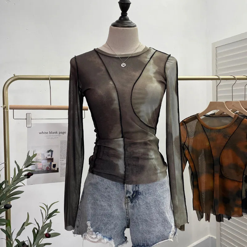 Pydshop Retro Smudged Print Sexy See Through Mesh Bottoming Shirt Slim Long Sleeved Top Y2K T-shirt Party Leisure Essential Streetwear