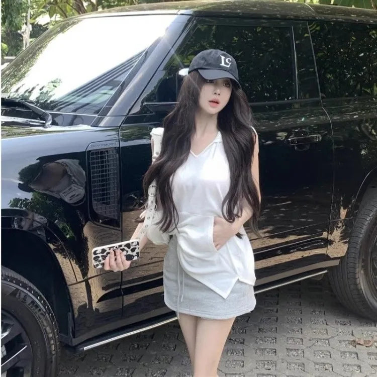 Pydshop American White Sleeveless Hooded T-shirt for Women 2024 Sumemr New  Tops Mujer Y2k Grunge Slim Fit  Tee Shirt