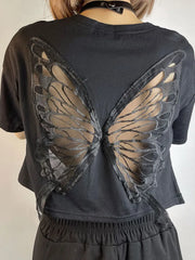 Pydshop Harajuku Lace Butterfly Crop Tshirts Women Vintage Streetwear Sexy Black Mesh Tops Aesthetic Hollow Grunge Tees Summer