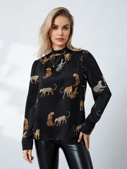 Pydshop Women's Autumn Blouses Retro Leopard Print Long Sleeve Mock Neck Pullover Tops OL Business Basic Shirts Party Clubwear