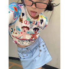 Pydshop Harajuku Kawaii Vintage Graffiti Print T-shirts Y2k Long Sleeve Bottoming Tops Women 204 Summer New O-neck Slim Fit Tee Shirt