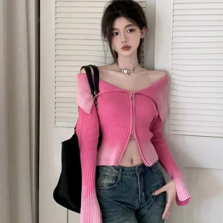 Pydshop Gradient Sexy Off Shoulder Sweaters Women Autumn Slim Fit Double Zipper Knitted Cardigan Y2k E-Girl Long Sleeve Tops Mujer