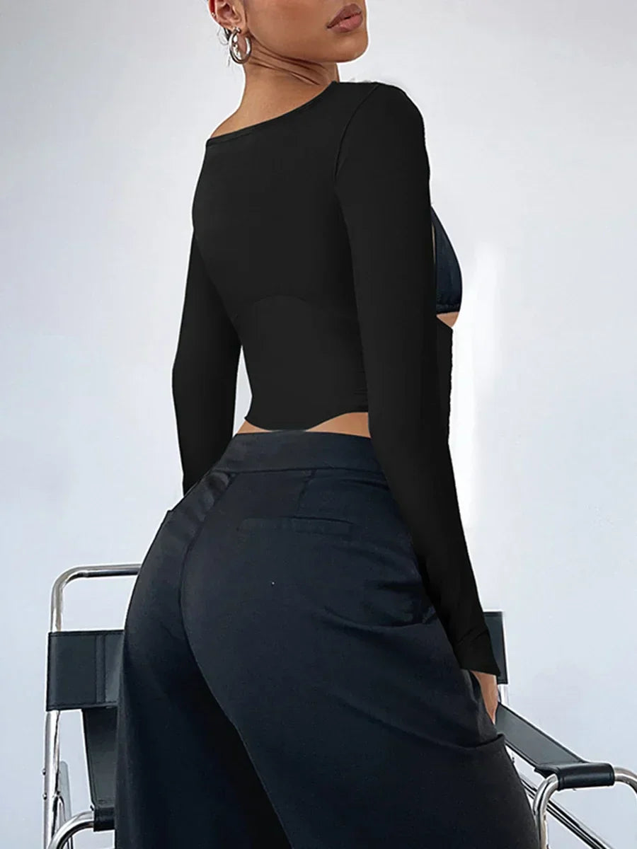 Pydshop 2024 Autumn Women Slim Fitted Long Sleeve T Shirt Casual Slim Crop Top Female Backless Tee Beach Sweat Top Streetwear