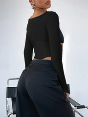 Pydshop 2024 Autumn Women Slim Fitted Long Sleeve T Shirt Casual Slim Crop Top Female Backless Tee Beach Sweat Top Streetwear