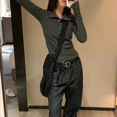 Pydshop Button Up Women's Knitted Sweater Y2K Long Sleeve Slim Fit Pullovers for Women Autumn Winter All Match Bottoming Tops