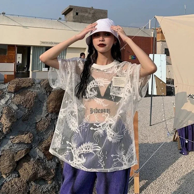 Pydshop Japanese O-neck Oversize Tee Shirt Summer Sexy See Through Mesh Lace T-shirt Y2k E-Girl Short Sleeve Bottoming Tops Women