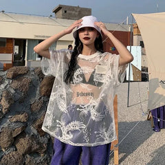 Pydshop Japanese O-neck Oversize Tee Shirt Summer Sexy See Through Mesh Lace T-shirt Y2k E-Girl Short Sleeve Bottoming Tops Women