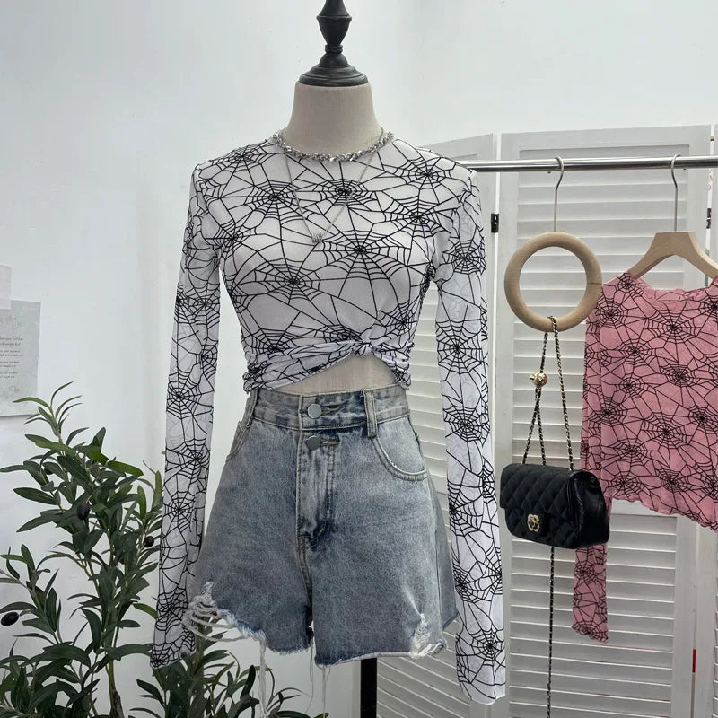 Pydshop Spider Print Mesh See Through Bottoming  Long Sleeve T-shirt Dark Hot Girl Slim Short Top y2k PartyClub Wear Daily Essential9908