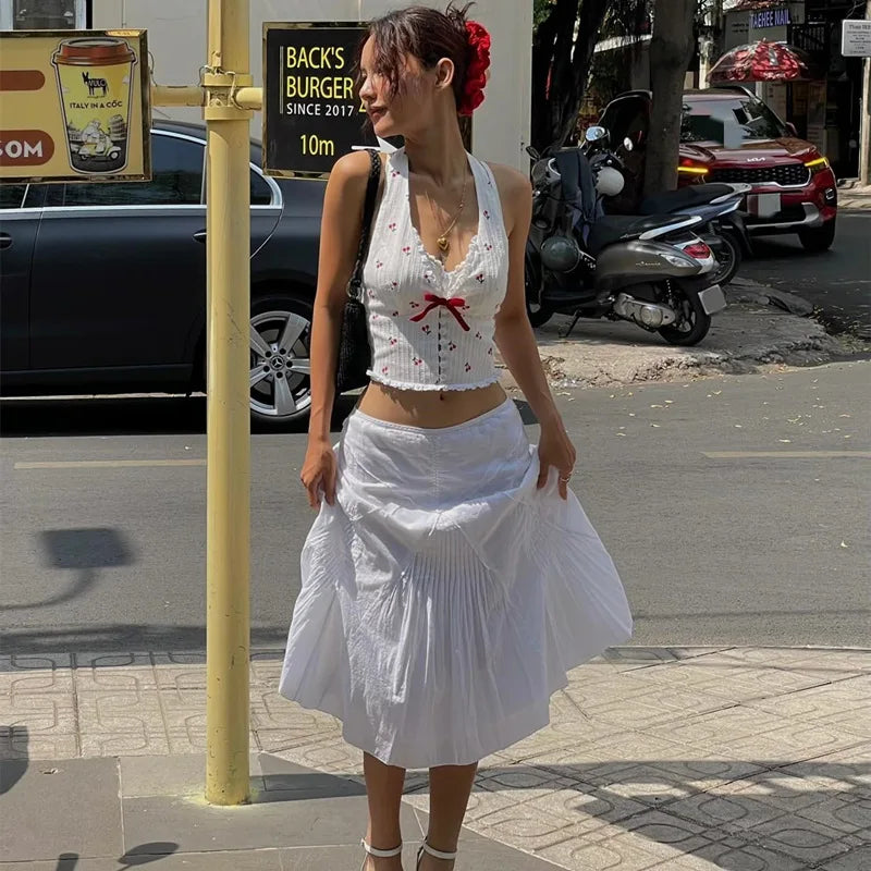 Pydshop Floral Knit Halter White Crop Top